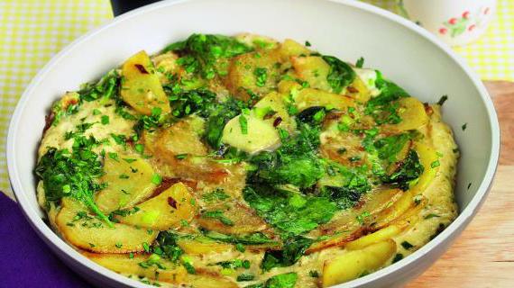 Вкусная яичница с жареным картофелем и свежими травами