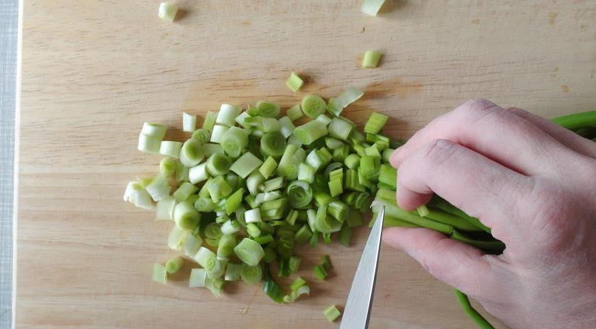 Зеленый лук промойте, обсушите и мелко нарежьте.