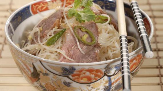 Вкусный утиной стейк в азиатском стиле с рисовой лапшой и острым соусом