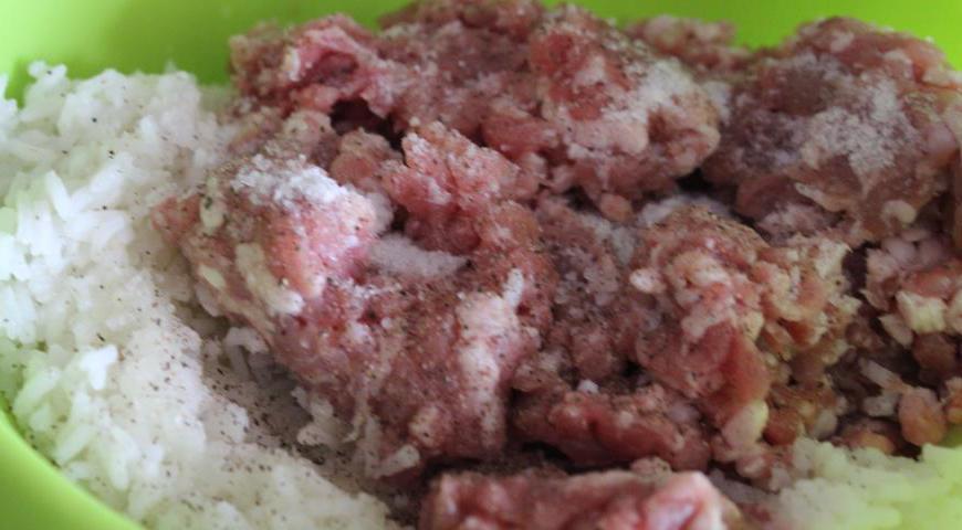 Лук мелко натереть на терке и смешать с отварным рисом и мясным фаршем. Добавить соль и перец по вкусу.